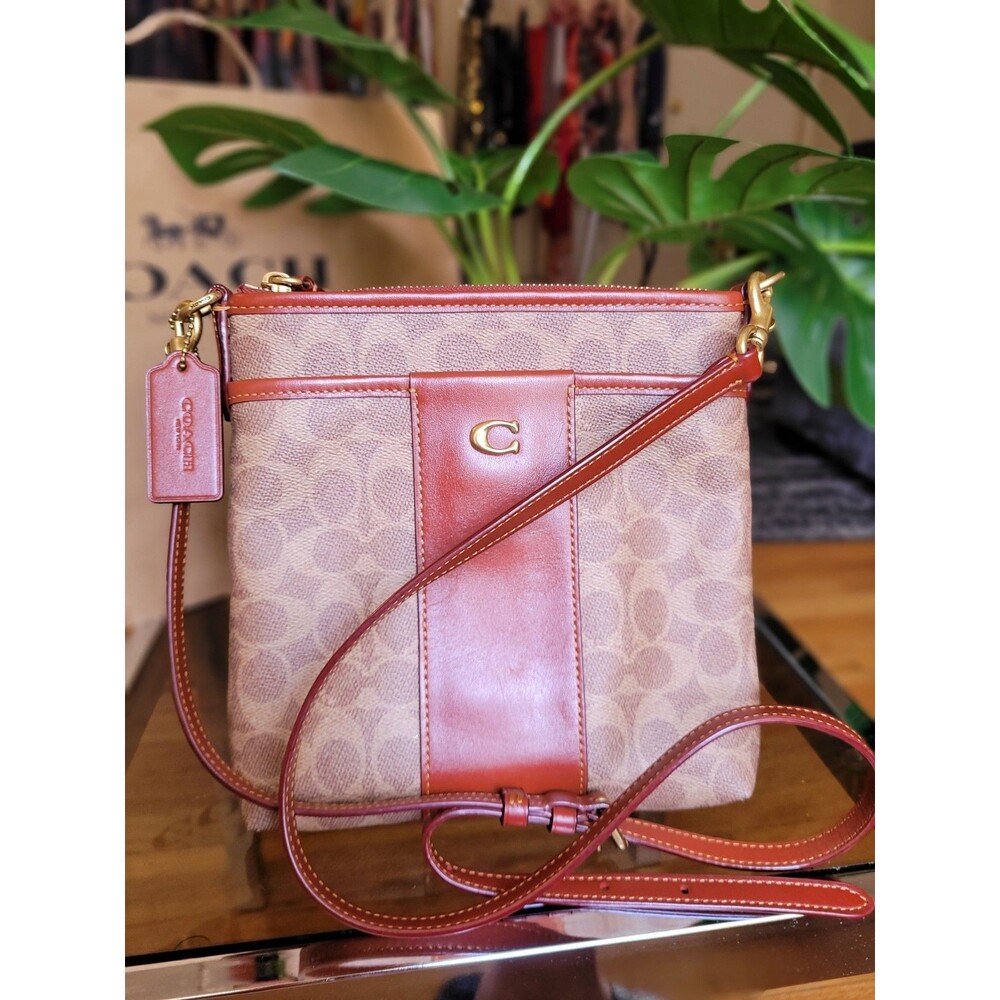 COACH Kitt Colorblock Signature Canvas Leather Messenger Crossbody Bag Tan Brass